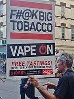 E-cigarette retailer marketing sign that says vape on.