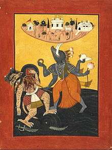 A blue skinned four armed Human with a boar's head decapitates a demon with a sword besides balancing a piece of land on the tusks.
