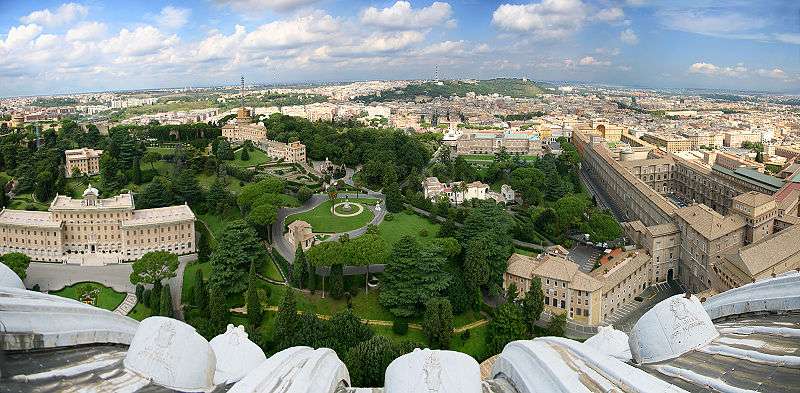Panorama of Governor's palace and nearby buildings, including the Vatican Gardens as seen from St. Peter's Basilica.