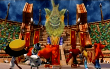 The holographic head of the villain Emperor Velo talks down to the playable characters of the game.