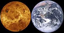 Venus, without its atmosphere, is placed side by side with Earth. They are nearly the same size, though Venus is slightly smaller.