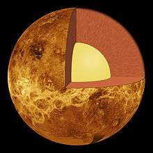 Venus is represented without its atmosphere; the mantle (red) is slightly larger than the core (yellow)