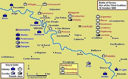 Battle of Verona map, showing Massena's assault crossing to the east bank of the Adige. Seras and Verdier carried out successful diversions on the left and right flanks.