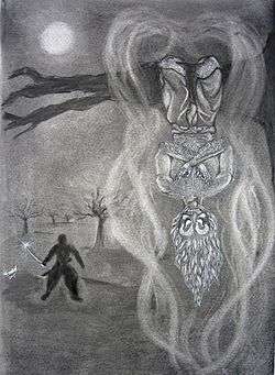 A ghostly being hangs upside-down from a tree limb, with a man with a sword in the background