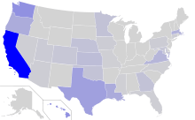 Map of the U.S., with states with more Vietnamese speakers in darker blue