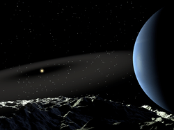 At left is a luminous point encircled by a nebulous grey belt. To the right is a crescent-shaped blue planet. Along the bottom is the rugged terrain of a moon surface.