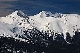 several jagged mountain peaks covered in deep snow, with conifer trees on their lower slopes