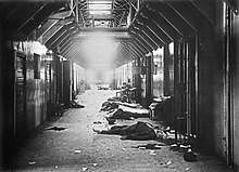 Around eight bodies are lying around a hallway after the Vyborg county jail massacre, an example of Red Terror. Thirty White prisoners were killed by the Reds.