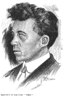 Sketch of a serious-looking young man with piercing eyes and unruly dark hair, in coat and tie, in left half-profile