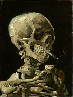 A skeleton, turned 45 degrees to the right and rendered only from shoulders and above.  The skull clenches a lit cigarette between its teeth.  The painting is rendered in somber tones of ivory, brown, and black, in thick yet detailed brushstrokes that reveal the texture of the canvas in places.