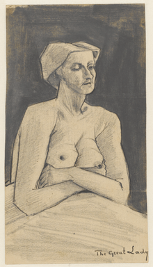  A half length portrait of a naked woman with folded arms and drooping breasts in milk. It is annotated "The Great Lady" in the lower right.