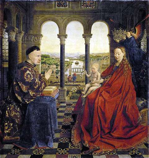 The painting shows the Virgin Mary (on the right) crowned by a hovering Angel while she presents the Infant Jesus to the donor, Chancellor Rolin (to the left). It is set within a spacious Italian-style loggia with a rich decoration of columns and bas-reliefs. In the background is a landscape with a city on a river