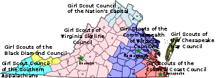 Map of Virginia with counties showing the different Girl Scout Councils
