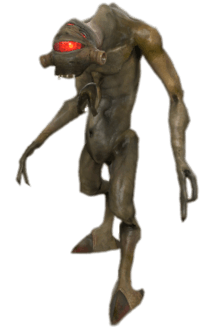 A biped alien with mottled brown skin. The creature has a hunched appearance, digitigrade legs, hooved feet and three arms. The third arm, the smallest, protrudes from the thorax. Each arm has two claws. The face is dominated by a large red eye, with three smaller eyes above it, and a small mouth with sharp teeth visible.