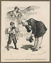 A cartoon by William Allen Rogers, first published in Harper's Weekly in 1906. In the cartoon, Secretary of Commerce and Labor Victor Metcalf bows deeply to a white schoolboy, intended to symbolize the recalcitrant city of San Francisco, and asks him "For heaven's sake, do not embarrass the Administration!". In the background, a Japanese mother attempts to lead her daughter (both dressed in traditional kimonos) to safety.