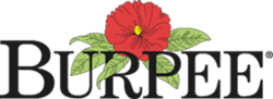 Logo of Burpee Seeds, a flower, surrounded by leaves, above the word "Burpee"