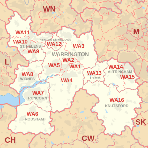 WA postcode area map, showing postcode districts, post towns and neighbouring postcode areas.