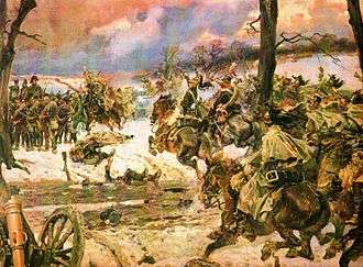 Painting shows French dragoons and Polish lancers attacking Russian infantry.