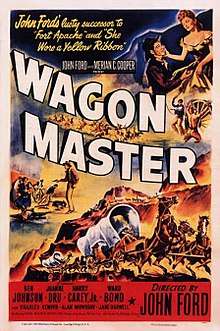 Color poster. The word "WAGON" sweeps across the middle of the poster, with the word "MASTER" below it; just above there is text in smaller font that reads "John Ford and Merian C. Cooper present". Several scenes from the film are painted around the text, including a woman affectionately looking down at a kneeling man, a shootout with one man standing, holding a pistol, and several men falling or lying on the ground, and two covered wagons being pulled by galloping and rearing horses. At the top left there is text reading "John Ford's lusty successor to 'Fort Apache' and 'She Wore a Yellow Ribbon'". The credit block at the bottom reads "Ben Johnson - Joanne Dru - Harry Carey, Jr. - Ward Bond", with "Directed by John Ford" in larger font at the right. In smaller lettering, nearer the bottom, the poster has another line of credits "and Charles Kemper - Alan Mowbray - Jane Darwell".