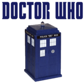 Doctor Who in lettering with blue police box graphic