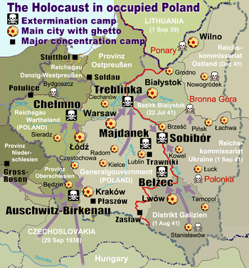 Płock (Schröttersburg) deployment location of Einsatzgruppe B, east of Chełmno. Solid red line denotes the Nazi–Soviet frontier – starting point for Operation Barbarossa.