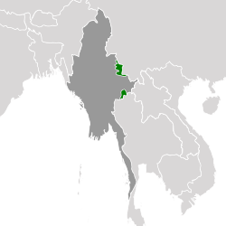 Projection showing Wa State in green and Myanmar (Burma) in dark grey