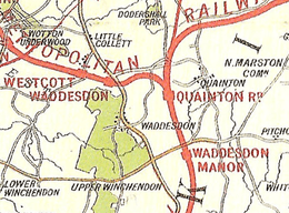 Map of mainly open countryside, with scattered villages. Four railway lines diverge from a station labelled Quainton Road. Two stations, labelled Waddesdon and Waddesdon Manor, are not near any populated area.