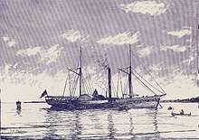 Lithograph of a large ship with sails.