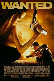 Film poster with a woman (Angelina Jolie) on the left holding a large handgun as she faces right. Her left arm is covered in tattoos. A man (James McAvoy) on the right is facing forward and is holding two handguns, one hand held over the other. The top of the image includes the film's title, while the bottom shows an overhead view of a city's lights as well as the billing block.