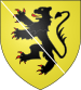 Or, a lion rampant sable, langued and armed gules, overall a ribband argent