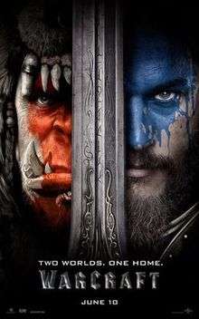 Two faces divided by a large sword, on the left an fang toothed orc with red facepaint, on the right a bearded man with blue facepaint.