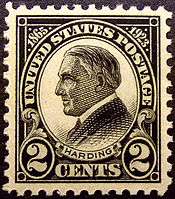 Historical 2-cent stamp with Harding's profile.