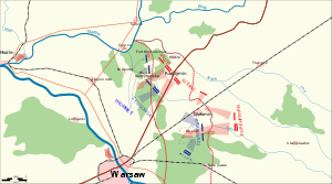 Map of the area north-east of Warsaw, south-west of Modlin, with Radzymin and Wołomin in the centre. Main Russian attacks of August 14 marked with arrows.