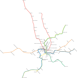An actual map with correct distances and geographic placement illustrates how all lines intersect and have many stations in the downtown area, and extend with more widely spaced stations far out into the neighboring areas. This map does not include the Silver Line.