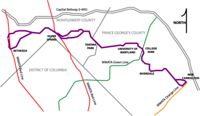 A scaled map illustrating the Purple Line route and its intersections with existing subway lines.