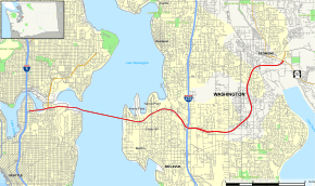 A map of the area east of Seattle, showing urbanized areas and major highways. A red line running horizontally marks the route of State Route 520.