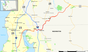 A map of the area north and east of Seattle, showing urbanized areas and major highways. A red line running diagonally, from bottom left to top right, marks the route of State Route 522.