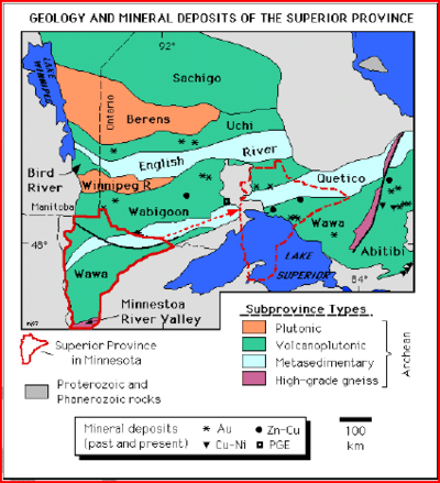 This map shows the Wawa, Quetico and Wabigoon subprovinces of the Superior province. They lie in a southwesterly-northeasterly band from essentially the North Dakota–Minnesota border up into Ontario