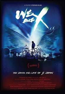 A poster promoting the film We Are X, displaying a silhouette of Yoshiki standing above his drum kit before a crowd.
