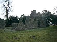 Colour photograph showing the ruins of the service block, hall, and chamber block