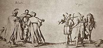 Late-16th-century etching of two groups of three men