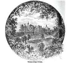 An etching of Wellesley College circa 1881.
