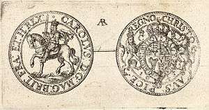 Drawing of the reverse and obverse of a Charles I Civil War half-crown coin
