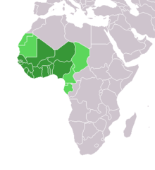 Map of the African continent, with green highlights around the lower western peninsular.