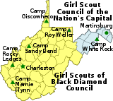 Map of West Virginia with counties showing the different Girl Scout Councils