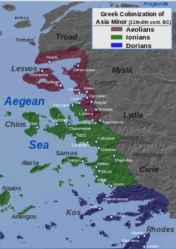 Greek settlements in western Asia Minor, Doric area in blue