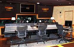 Seats in front of a mixing desk in Westlake Studios