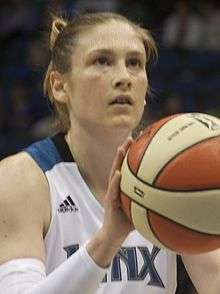 Young woman wearing white Lynx basketball uniform and her hair up preparing to shoot