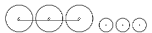 Diagram of three large driving wheels joined by a coupling rod, and three small trailing wheels