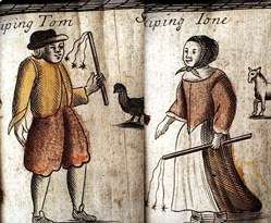 Drawing of a man and woman, each holding a three-tailed whip